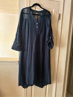 Crochet Yoke Navy Long-Sleeves Long Dress 100% Cotton Lined